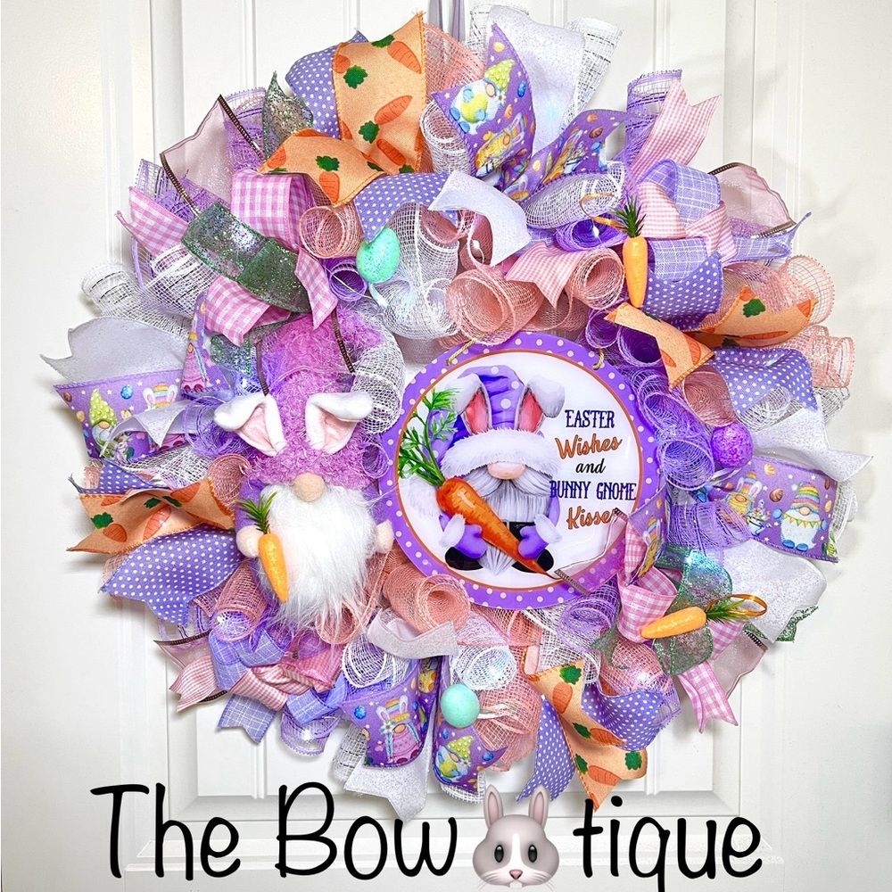 Handmade Easter Bunny Gnome Kisses Prelit Ribbon Wreath 22 in LED W13